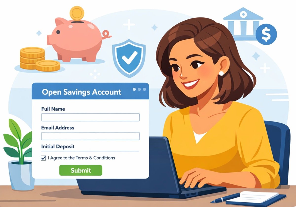 Online savings bank account opening process with form and secure verification